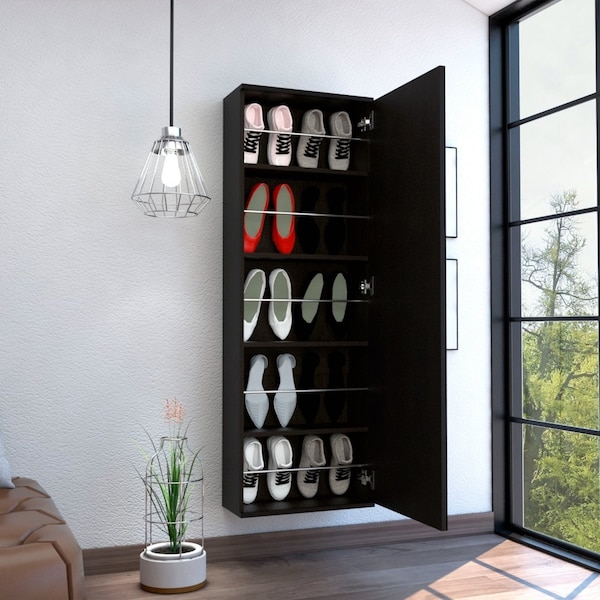 Tuhome Leto Wall Mounted Shoe Rack With Mirror, Single Door, Capacity For Ten Shoes, Black ZLW4759 - main
